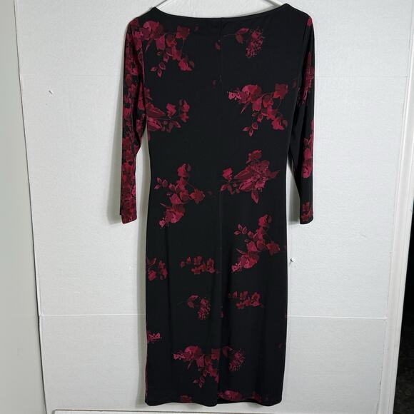 Ralph Lauren Womens Dress Black Floral Stretch Faux Wrap Ruched Elegant Sheath 8 - Picture 3 of 9